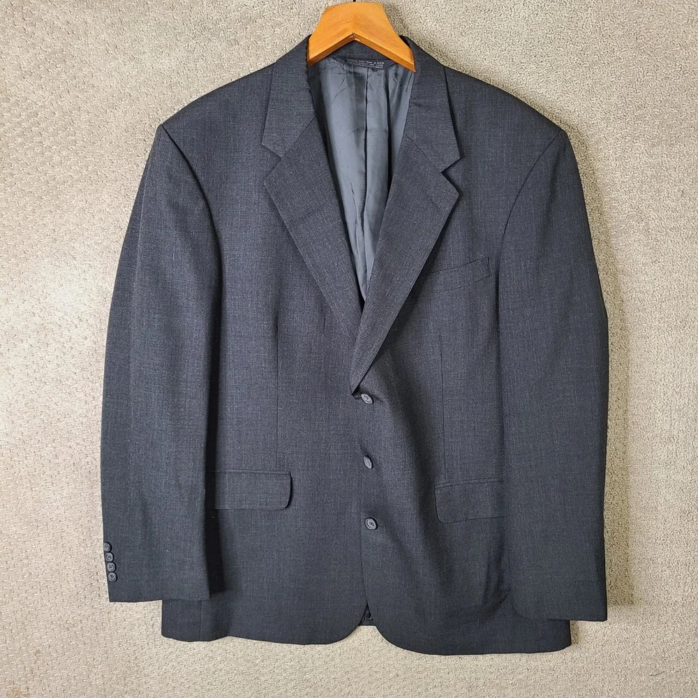 Vintage Lands End Jacket Mens 46L Gray Blazer Three Button Wool Charcoal Coat